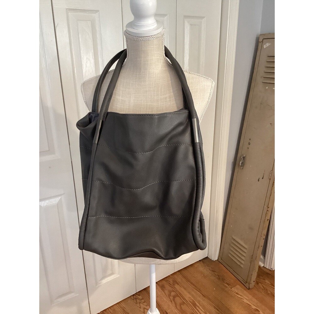 Neiman Marcus Dark Gray Faux Leather Shopper purse hand Tote Bag Travel Beach